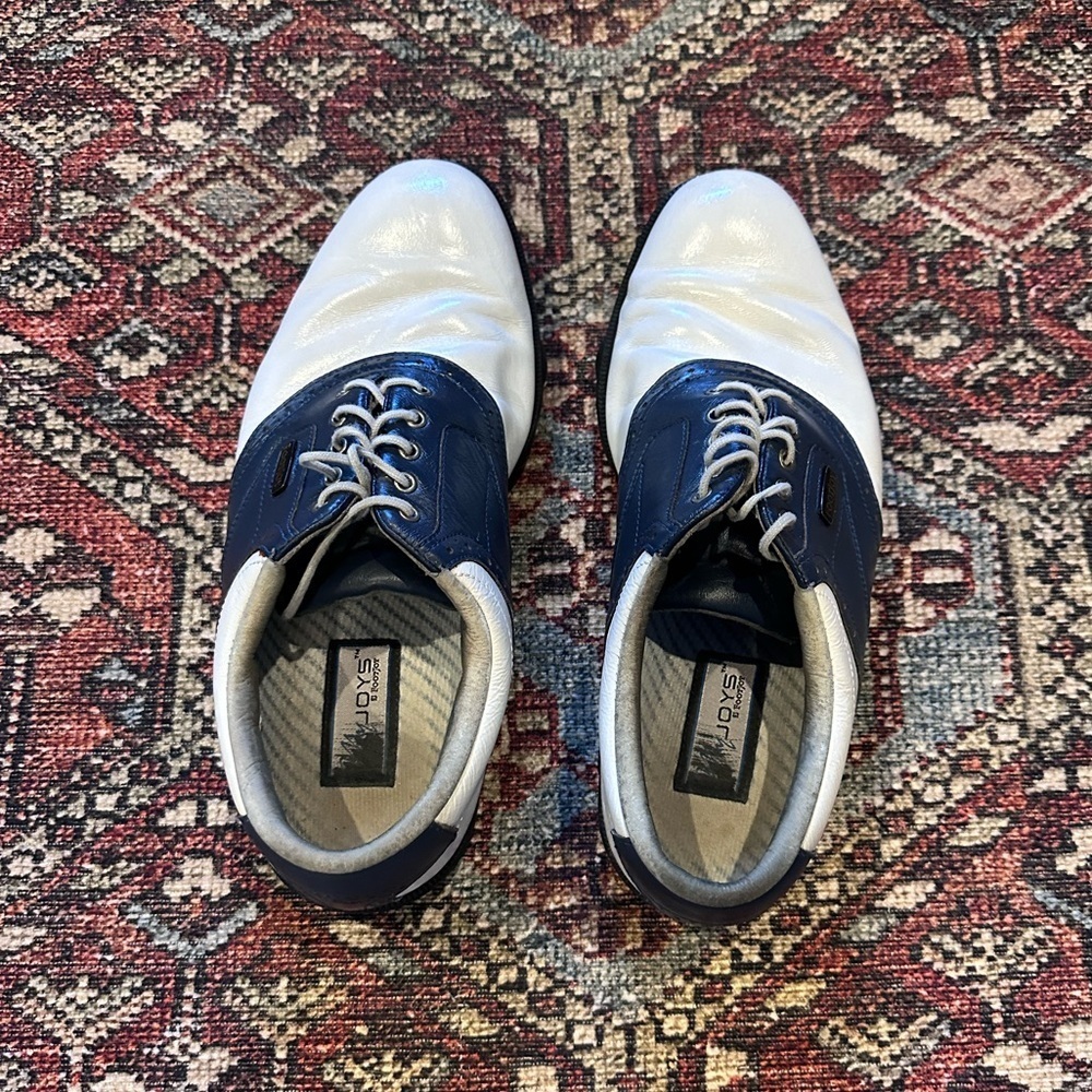 Men’s FootJoy DryJoy SL Leather White/Navy Golf Oxfords, 10M